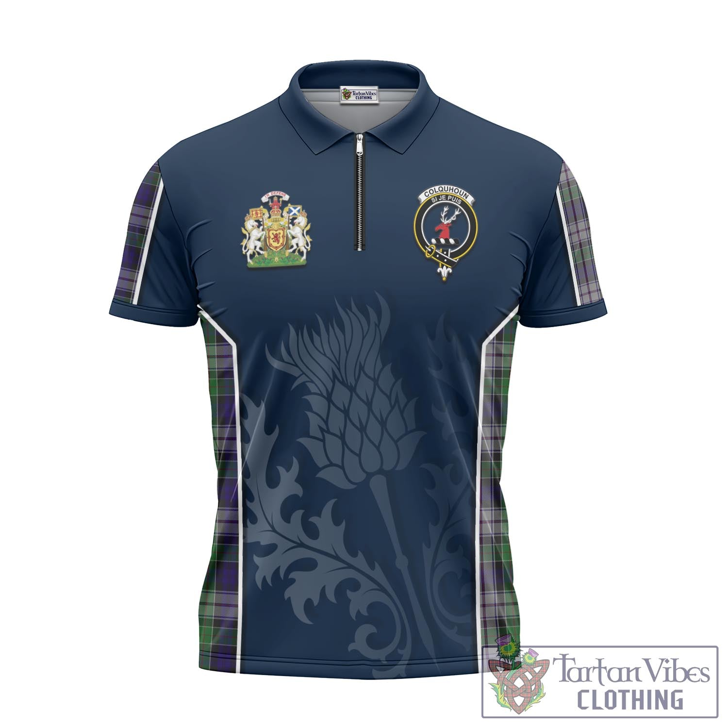 Tartan Vibes Clothing Colquhoun Dress Tartan Zipper Polo Shirt with Family Crest and Scottish Thistle Vibes Sport Style