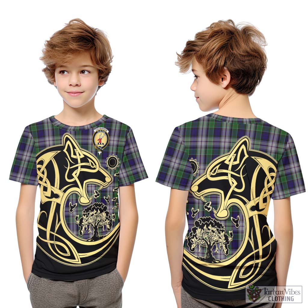 Tartan Vibes Clothing Colquhoun Dress Tartan Kid T-Shirt with Family Crest Celtic Wolf Style