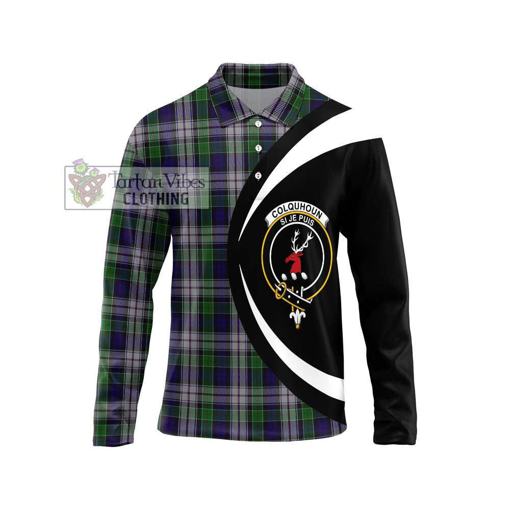 Colquhoun Dress Tartan Long Sleeve Polo Shirt with Family Crest Circle Style Unisex - Tartan Vibes Clothing