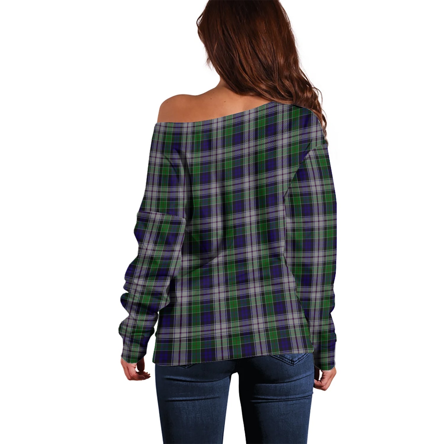 Colquhoun Dress Tartan Off Shoulder Women Sweater with Family Crest - Tartanvibesclothing