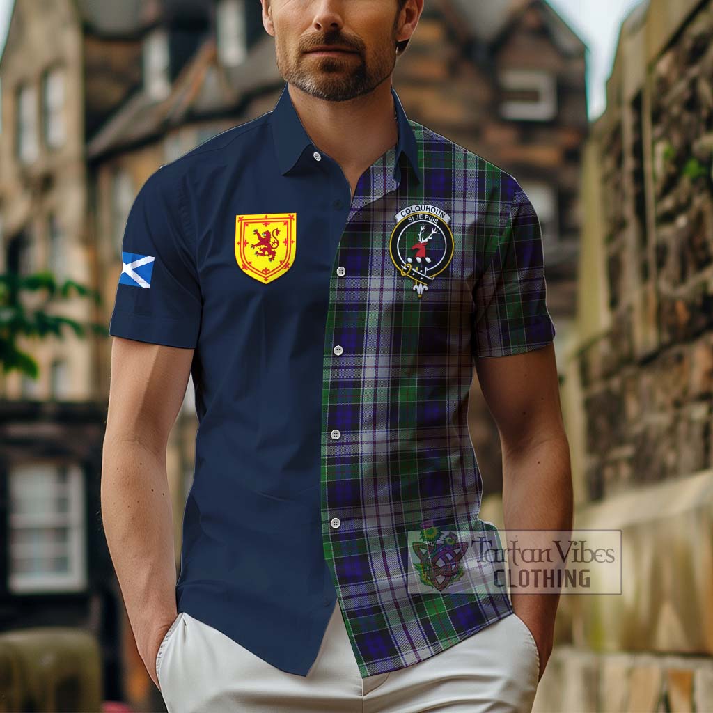 Tartan Vibes Clothing Colquhoun Dress Tartan Short Sleeve Button Shirt with Scottish Lion Royal Arm Half Style