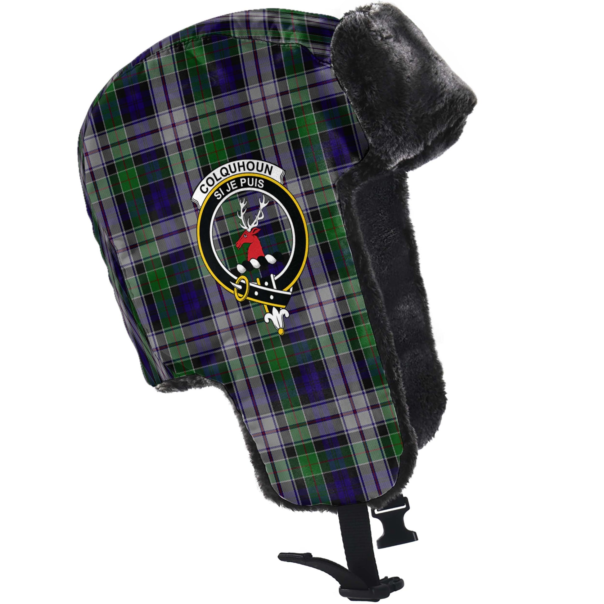 Colquhoun Dress Tartan Winter Trapper Hat with Family Crest - Tartanvibesclothing