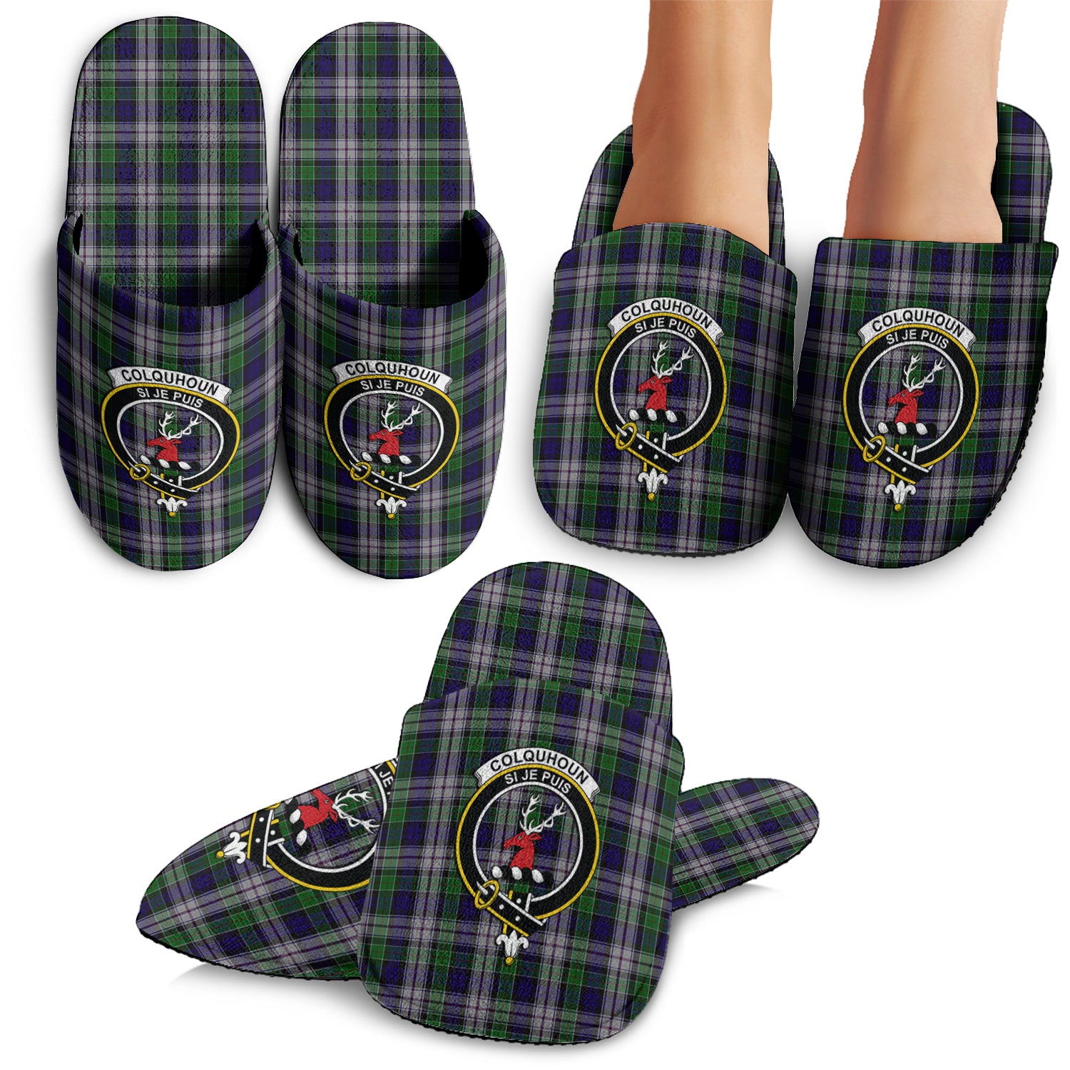 Colquhoun Dress Tartan Home Slippers with Family Crest - Tartanvibesclothing