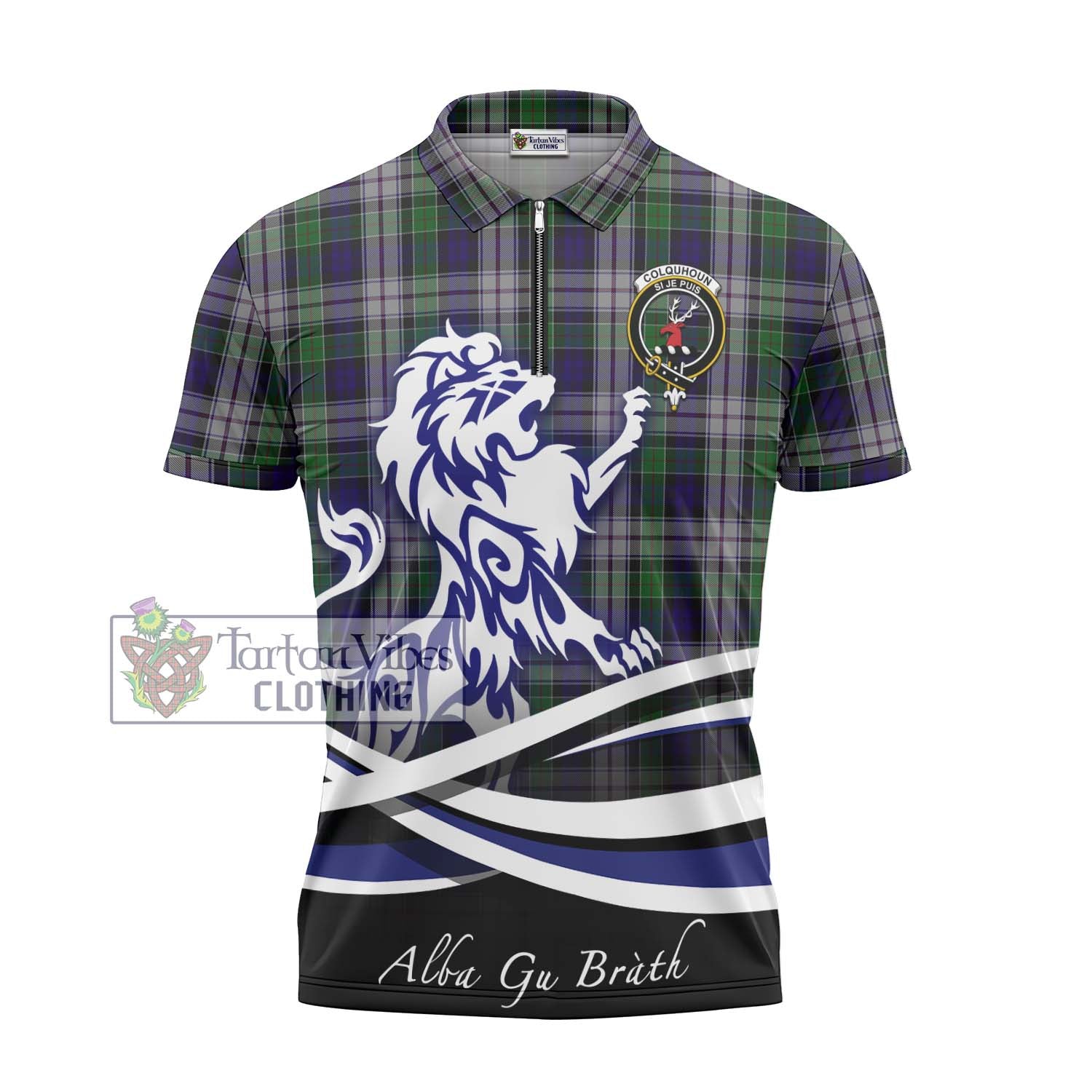 Tartan Vibes Clothing Colquhoun Dress Tartan Zipper Polo Shirt with Alba Gu Brath Regal Lion Emblem