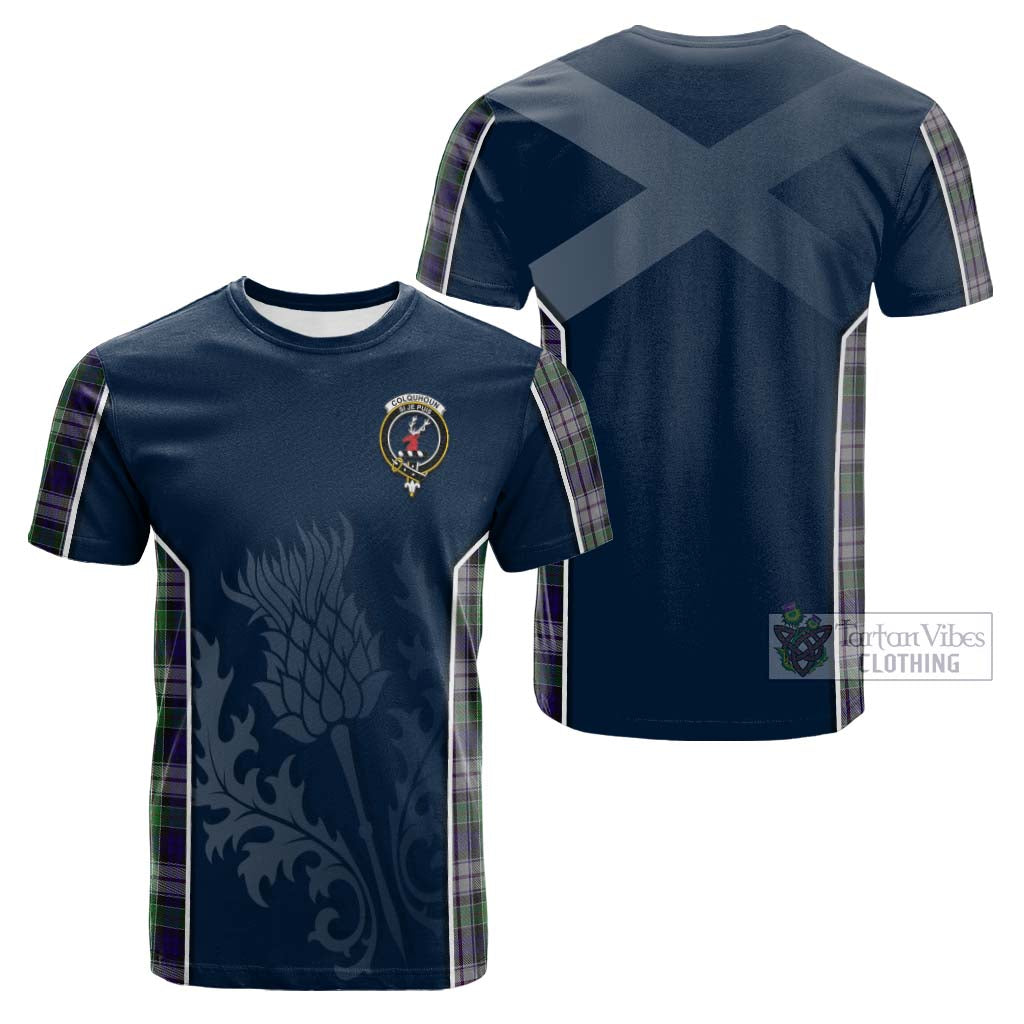 Tartan Vibes Clothing Colquhoun Dress Tartan Cotton T-shirt with Family Crest and Scottish Thistle Vibes Sport Style