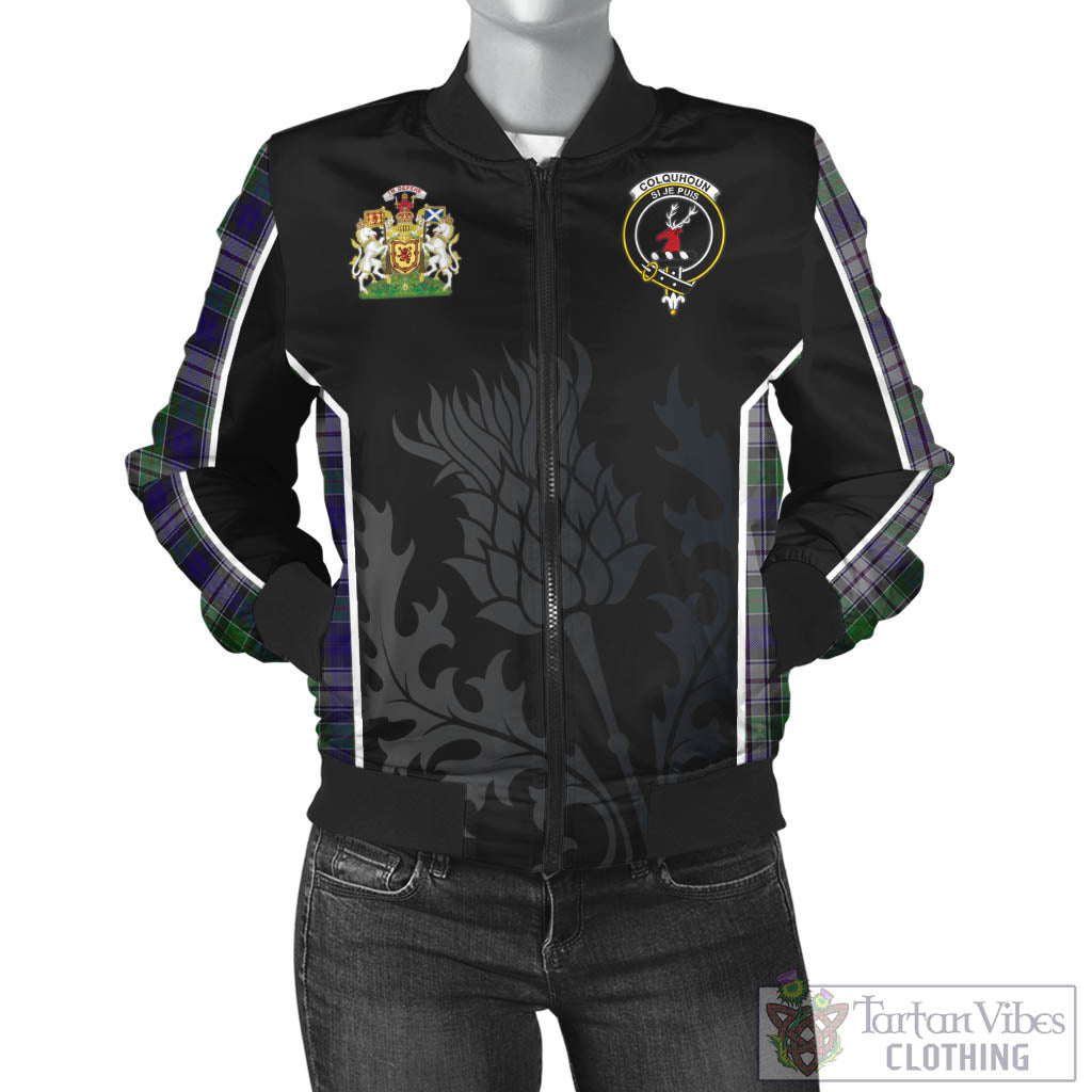 Tartan Vibes Clothing Colquhoun Dress Tartan Bomber Jacket with Family Crest and Scottish Thistle Vibes Sport Style