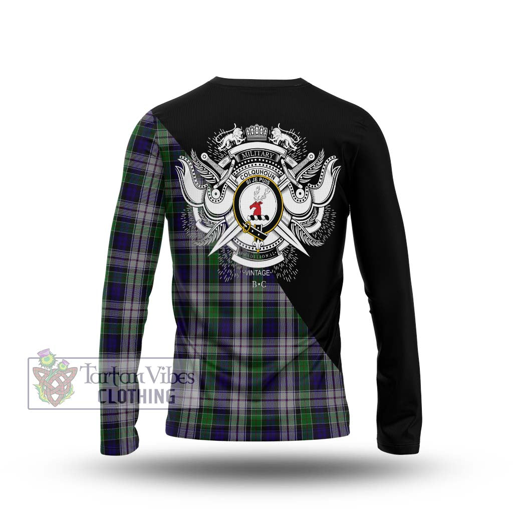 Tartan Vibes Clothing Colquhoun Dress Tartan Long Sleeve T-Shirt with Family Crest and Military Logo Style