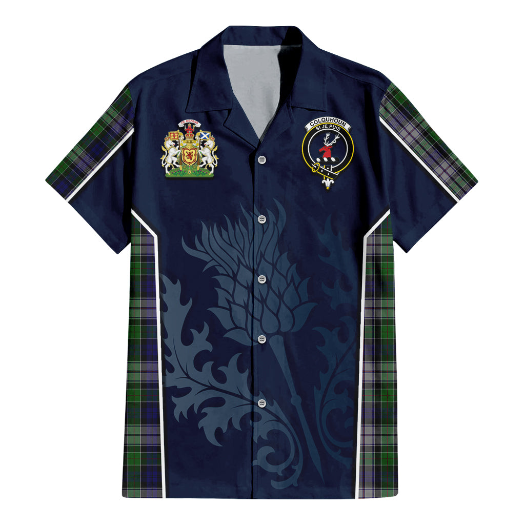 Tartan Vibes Clothing Colquhoun Dress Tartan Short Sleeve Button Up Shirt with Family Crest and Scottish Thistle Vibes Sport Style