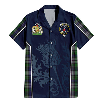 Colquhoun Dress Tartan Short Sleeve Button Up Shirt with Family Crest and Scottish Thistle Vibes Sport Style