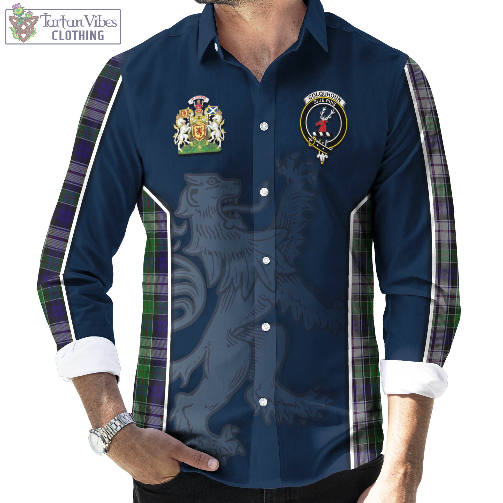 Tartan Vibes Clothing Colquhoun Dress Tartan Long Sleeve Button Up Shirt with Family Crest and Lion Rampant Vibes Sport Style