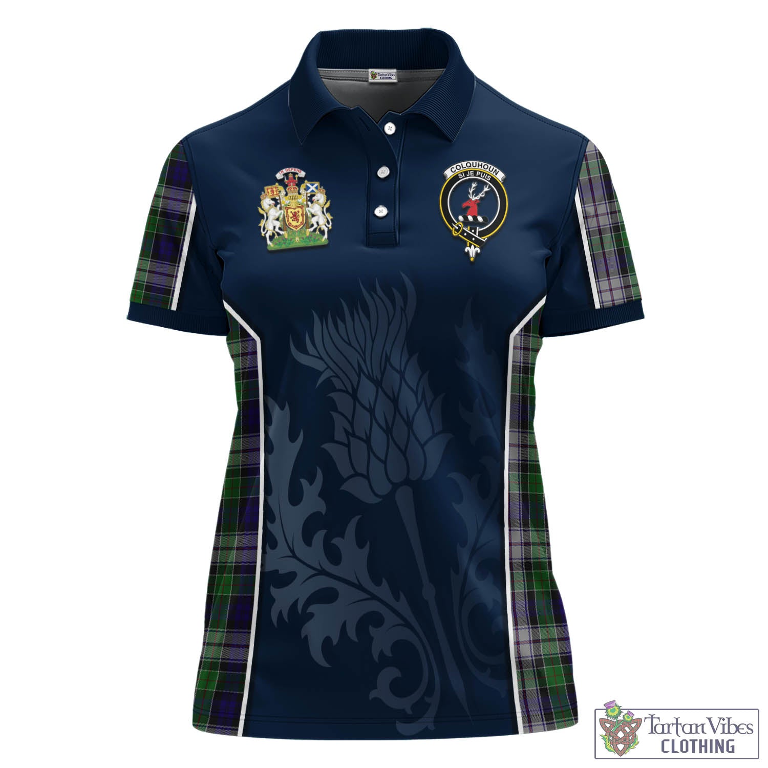 Tartan Vibes Clothing Colquhoun Dress Tartan Women's Polo Shirt with Family Crest and Scottish Thistle Vibes Sport Style