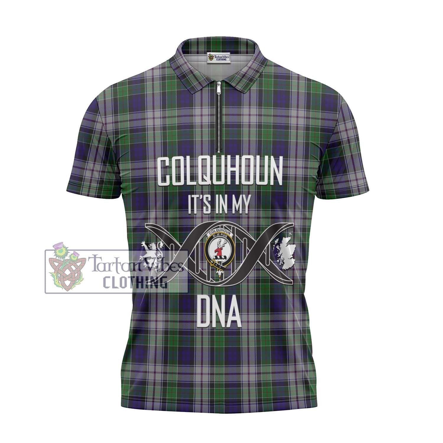 Tartan Vibes Clothing Colquhoun Dress Tartan Zipper Polo Shirt with Family Crest DNA In Me Style