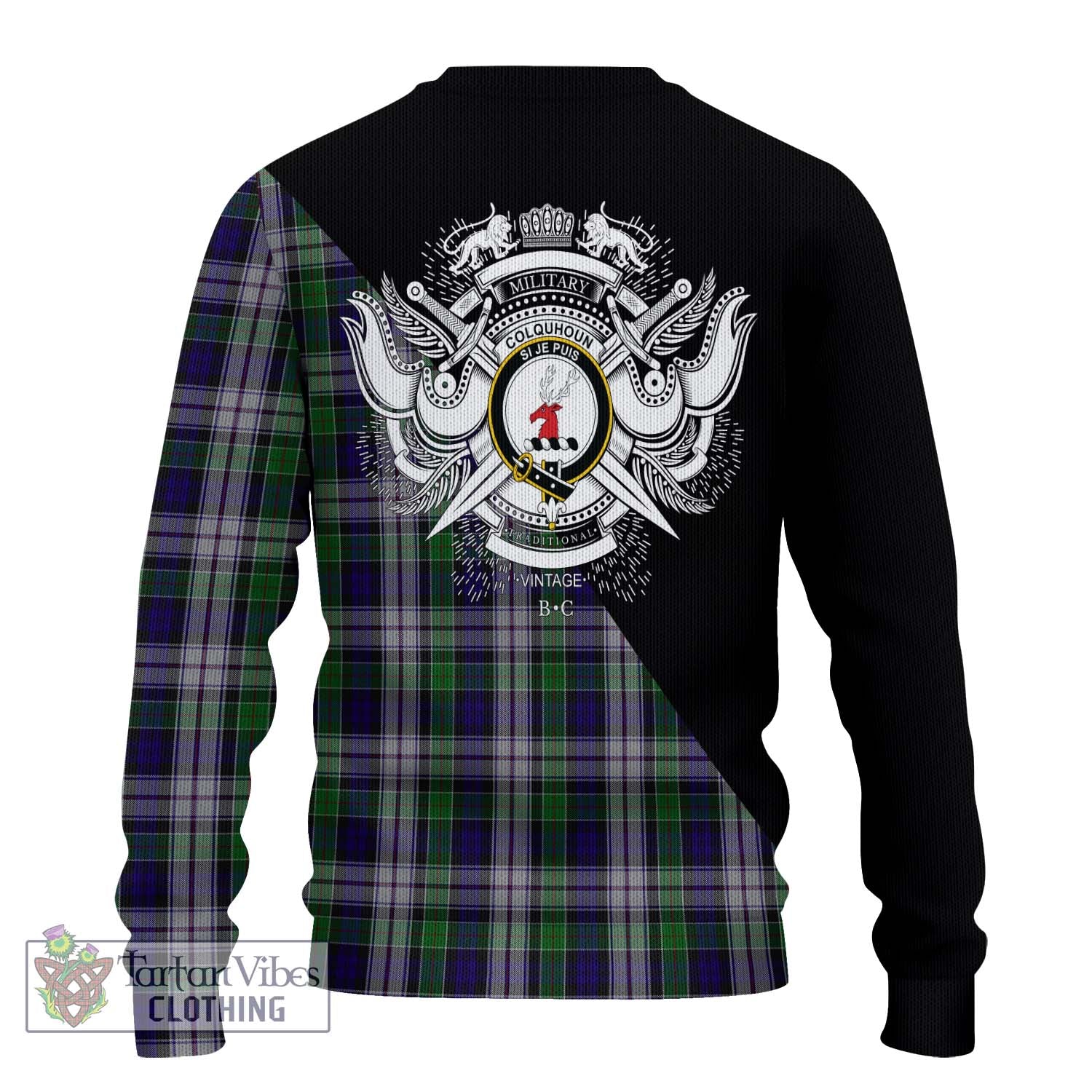 Tartan Vibes Clothing Colquhoun Dress Tartan Knitted Sweater with Family Crest and Military Logo Style