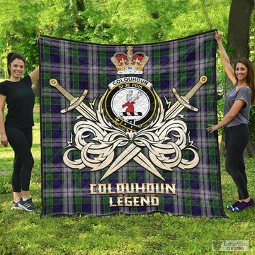 Colquhoun Dress Tartan Quilt with Clan Crest and the Golden Sword of Courageous Legacy