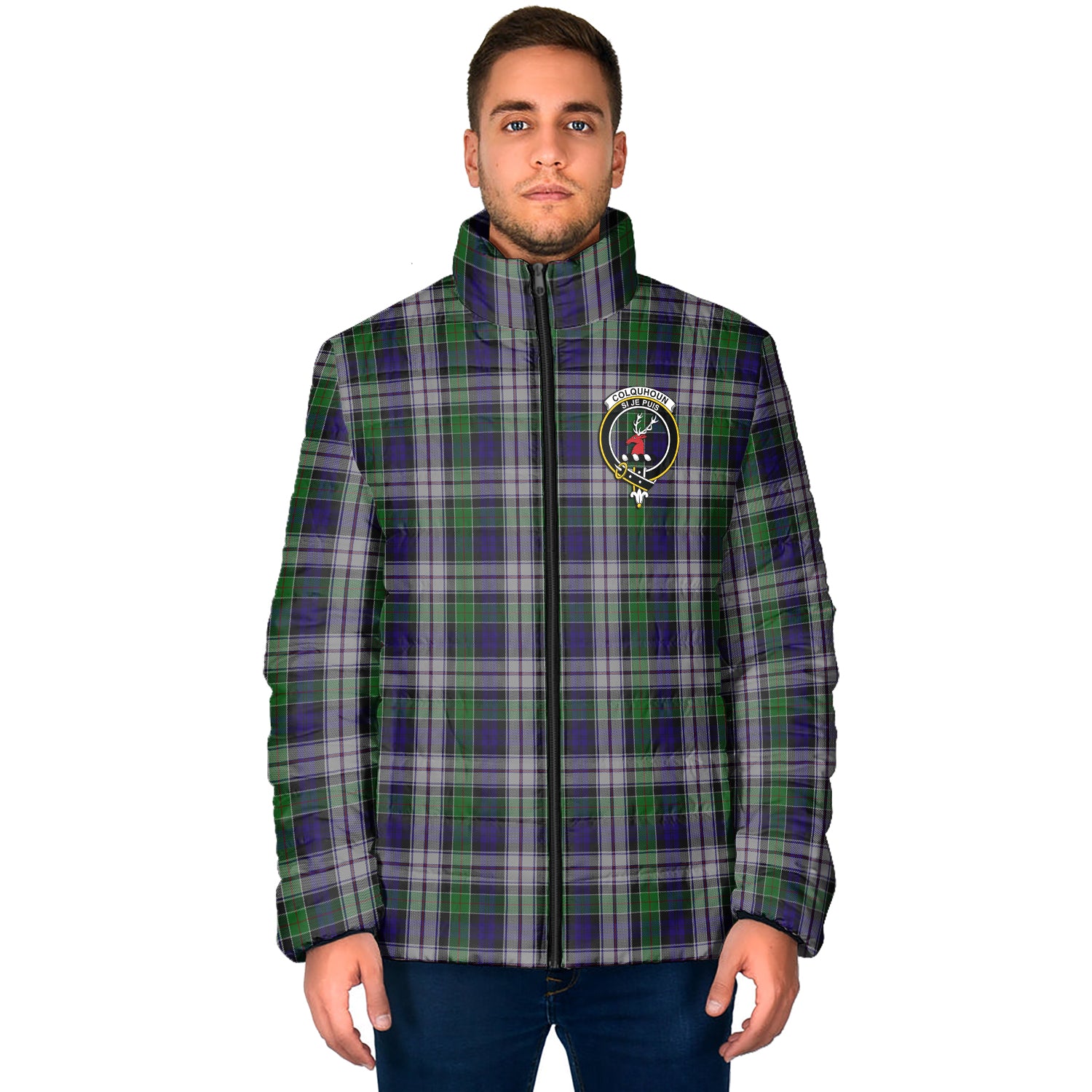 Colquhoun Dress Tartan Padded Jacket with Family Crest - Tartan Vibes Clothing