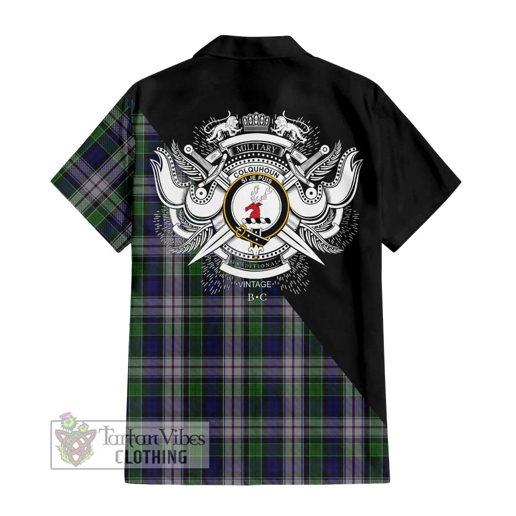 Tartan Vibes Clothing Colquhoun Dress Tartan Short Sleeve Button Shirt with Family Crest and Military Logo Style