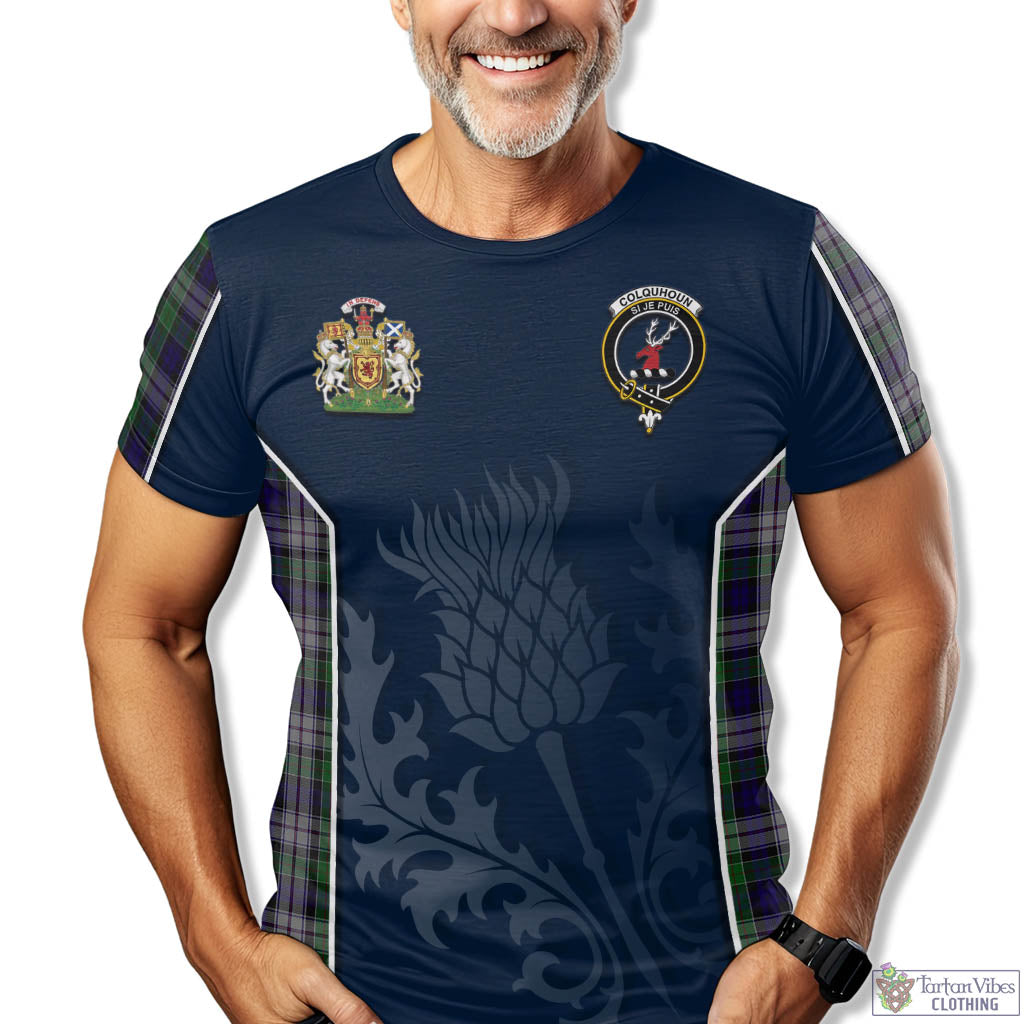 Tartan Vibes Clothing Colquhoun Dress Tartan T-Shirt with Family Crest and Scottish Thistle Vibes Sport Style