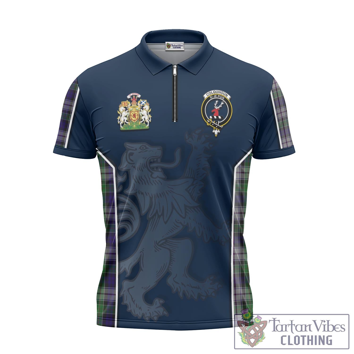 Tartan Vibes Clothing Colquhoun Dress Tartan Zipper Polo Shirt with Family Crest and Lion Rampant Vibes Sport Style