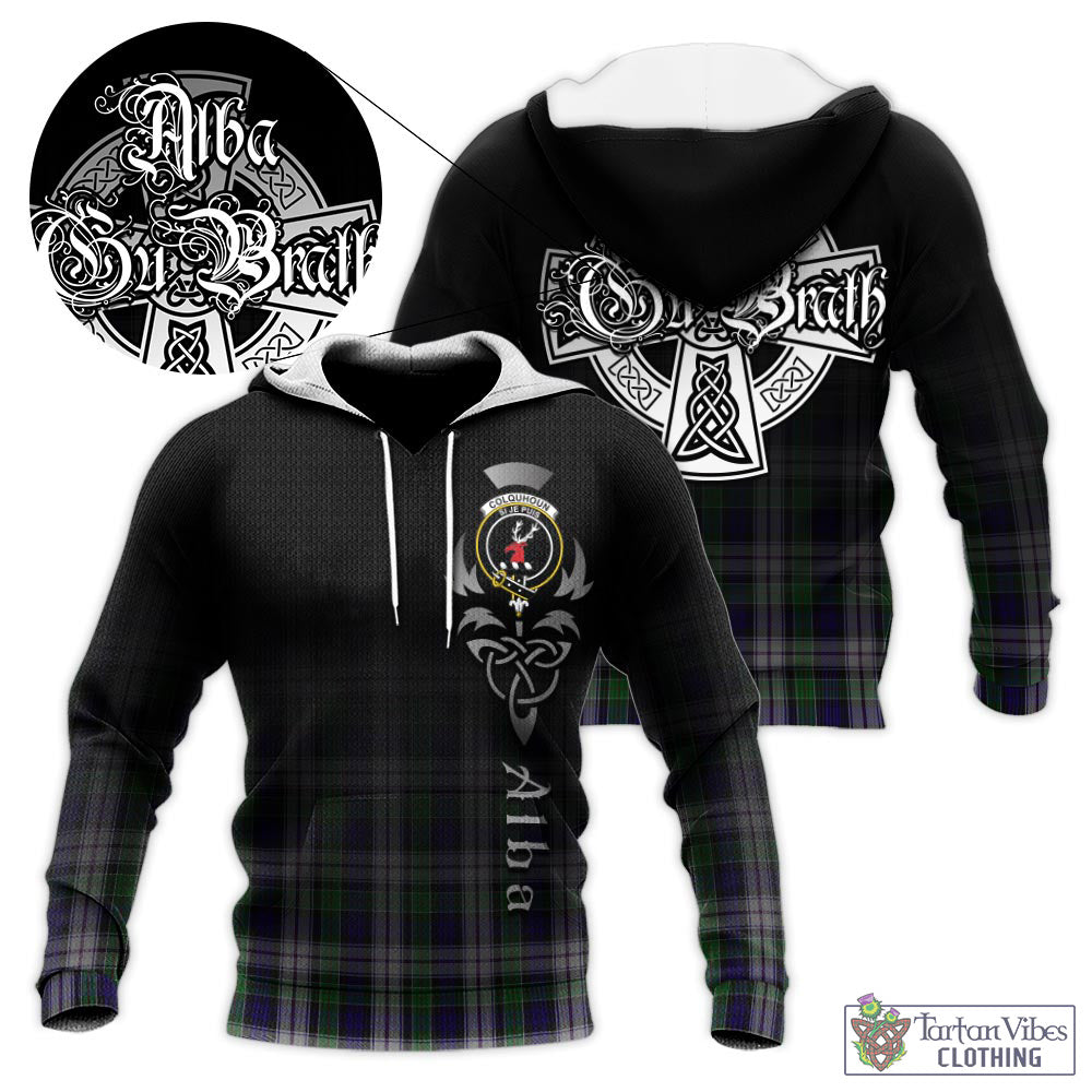 Tartan Vibes Clothing Colquhoun Dress Tartan Knitted Hoodie Featuring Alba Gu Brath Family Crest Celtic Inspired