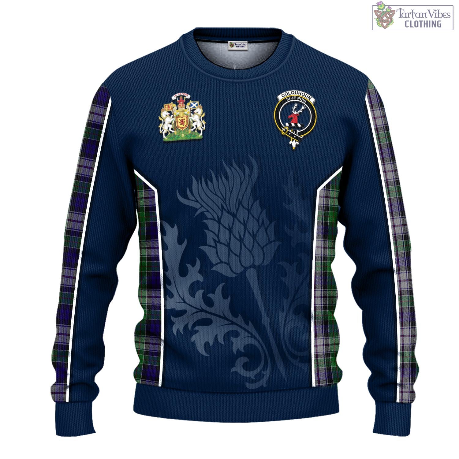 Tartan Vibes Clothing Colquhoun Dress Tartan Knitted Sweatshirt with Family Crest and Scottish Thistle Vibes Sport Style