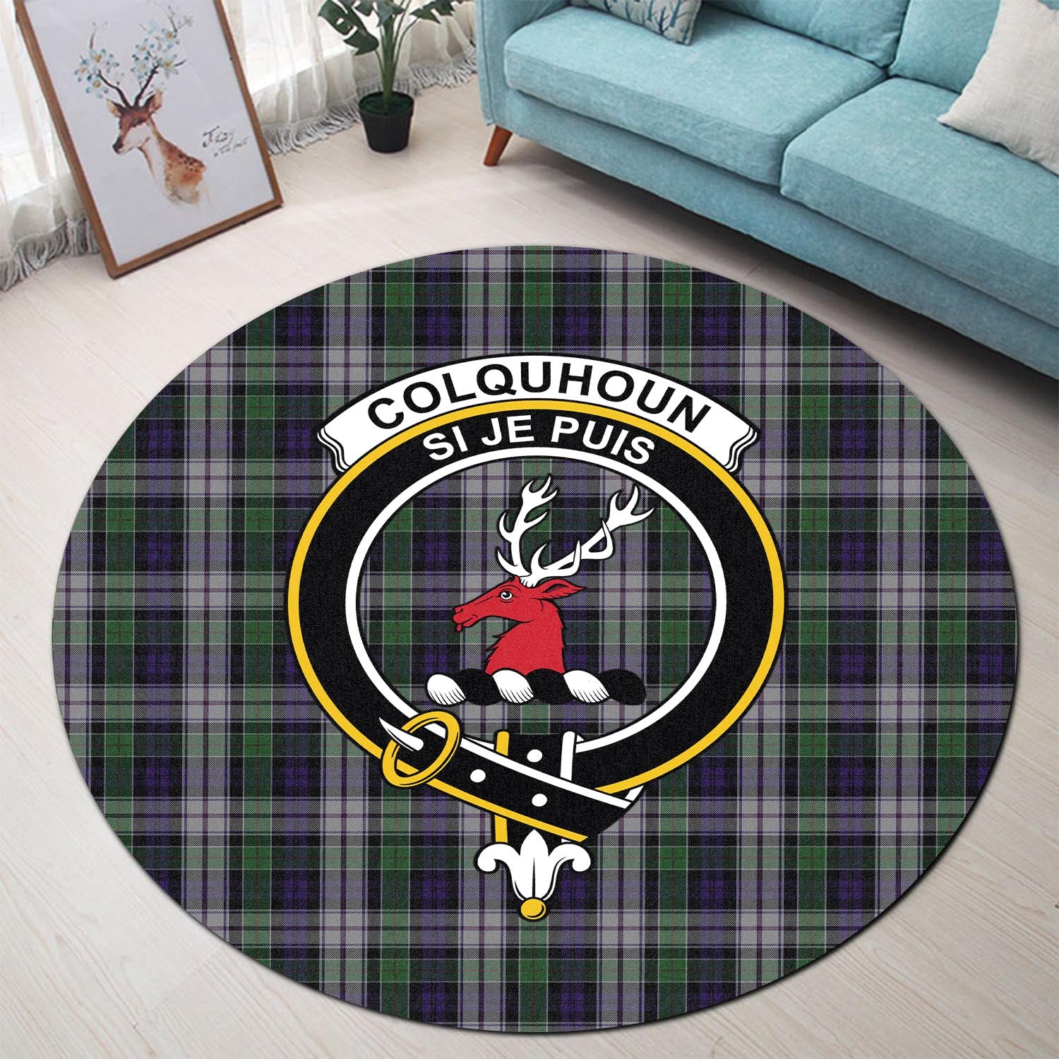 Colquhoun Dress Tartan Round Rug with Family Crest - Tartanvibesclothing