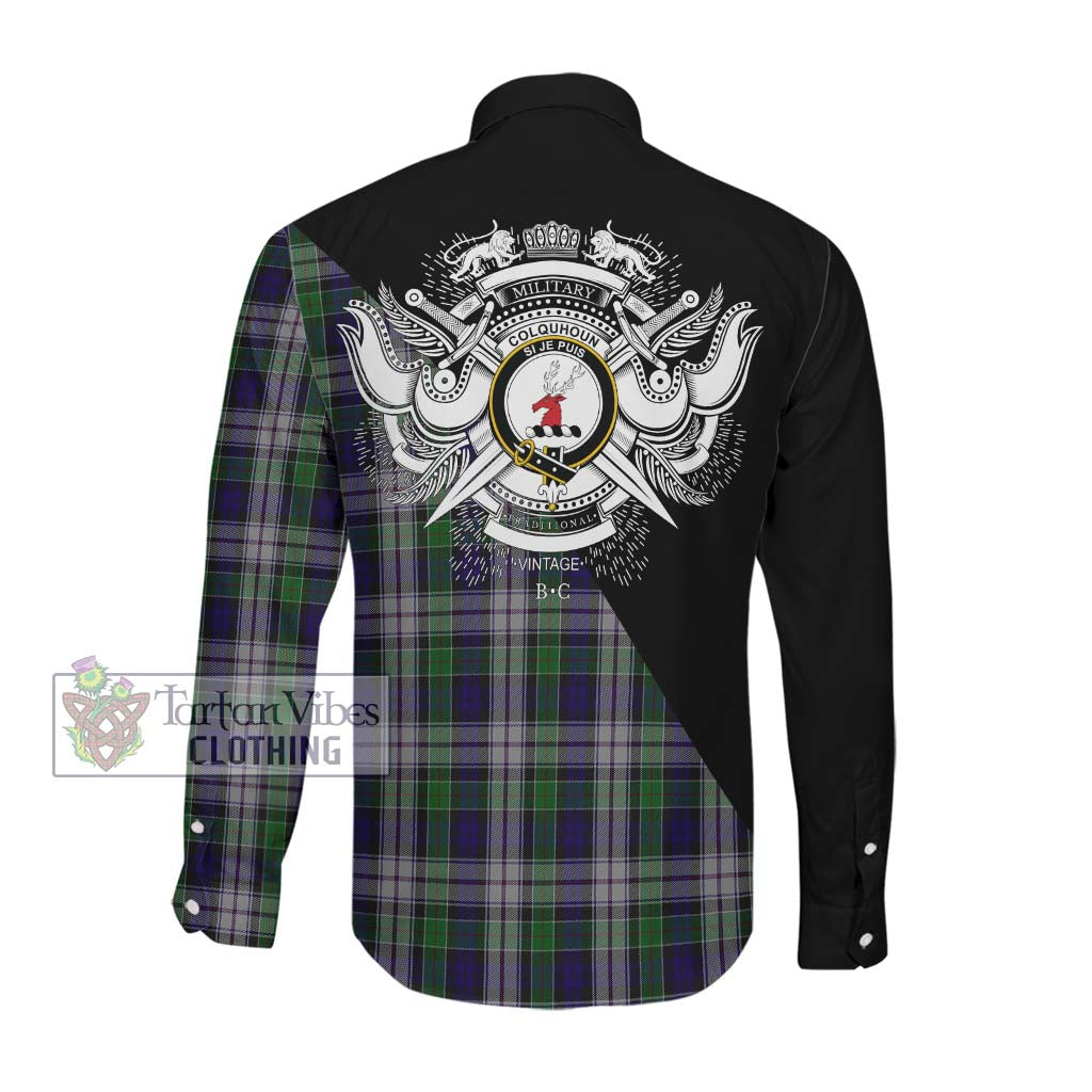 Tartan Vibes Clothing Colquhoun Dress Tartan Long Sleeve Button Shirt with Family Crest and Military Logo Style