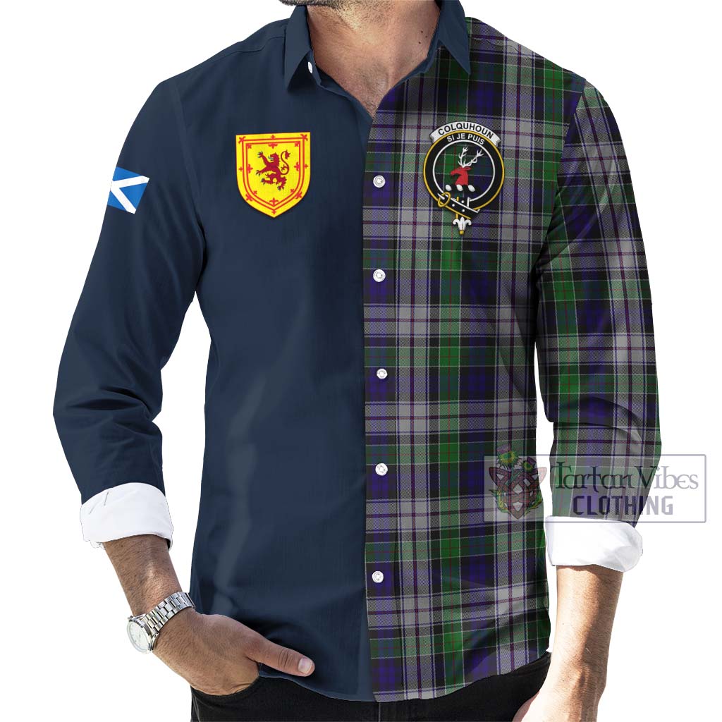 Tartan Vibes Clothing Colquhoun Dress Tartan Long Sleeve Button Shirt with Scottish Lion Royal Arm Half Style