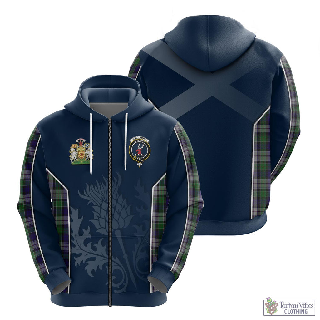 Tartan Vibes Clothing Colquhoun Dress Tartan Hoodie with Family Crest and Scottish Thistle Vibes Sport Style