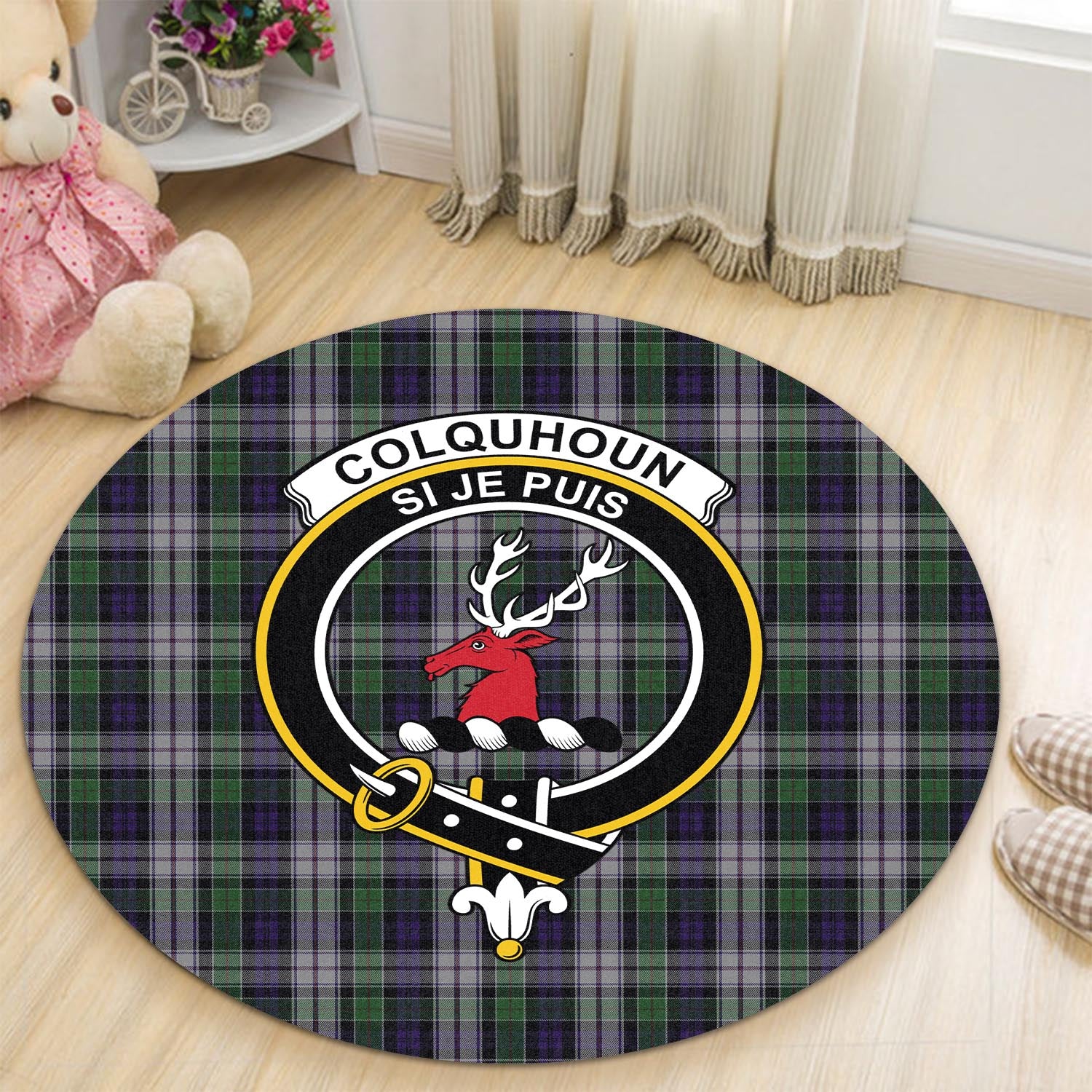 Colquhoun Dress Tartan Round Rug with Family Crest - Tartanvibesclothing