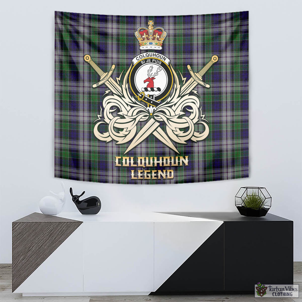 Tartan Vibes Clothing Colquhoun Dress Tartan Tapestry with Clan Crest and the Golden Sword of Courageous Legacy