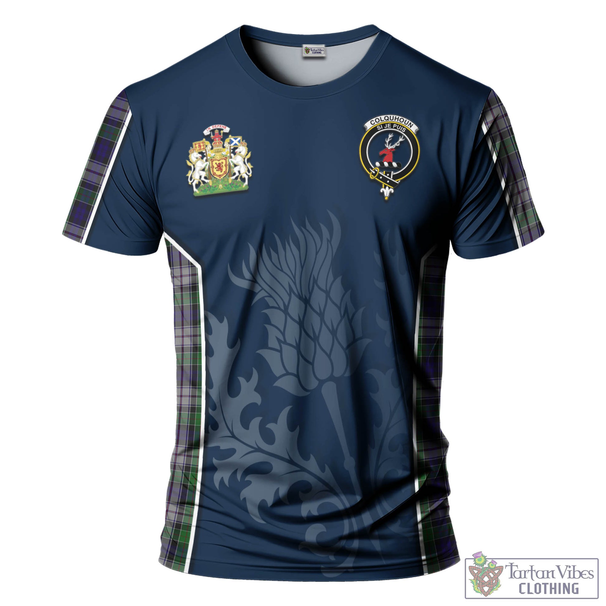 Tartan Vibes Clothing Colquhoun Dress Tartan T-Shirt with Family Crest and Scottish Thistle Vibes Sport Style