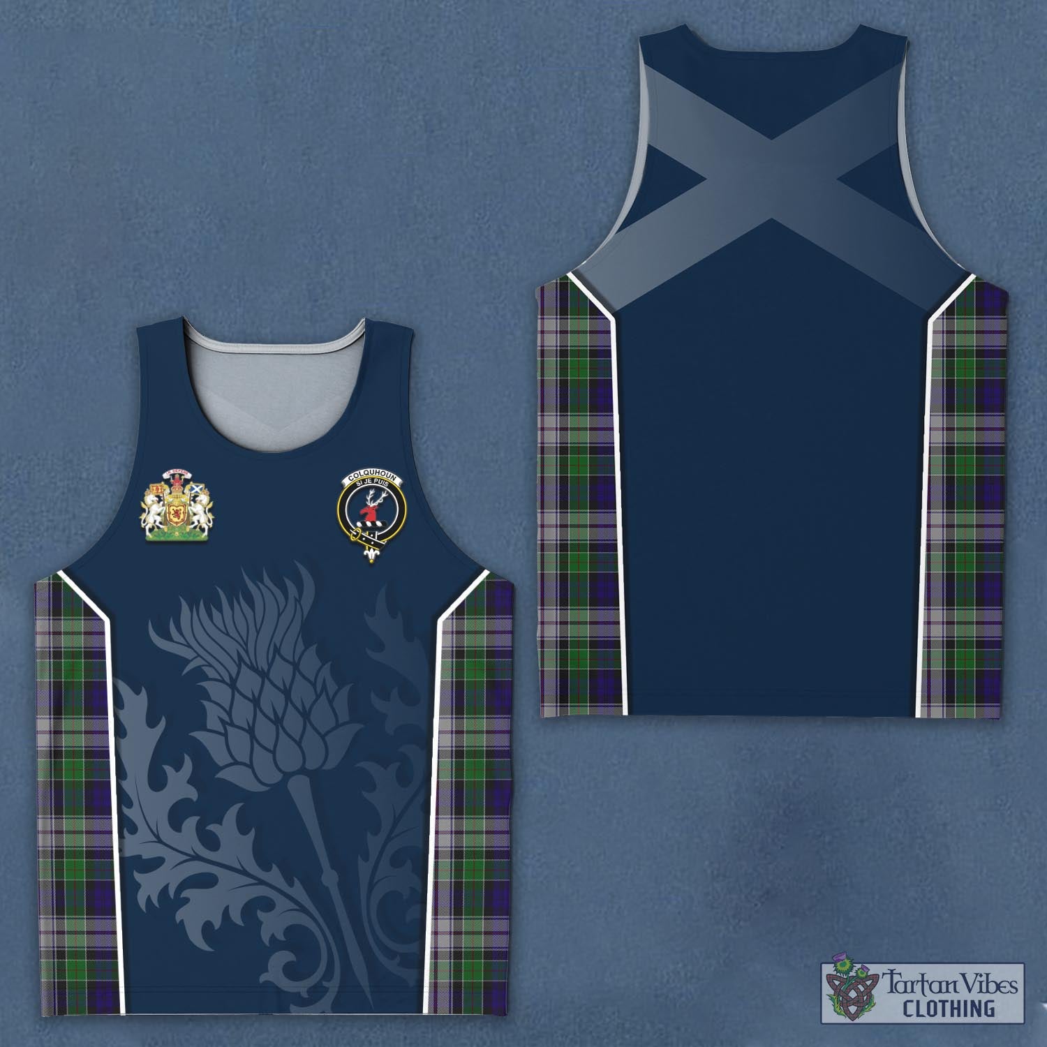 Tartan Vibes Clothing Colquhoun Dress Tartan Men's Tanks Top with Family Crest and Scottish Thistle Vibes Sport Style