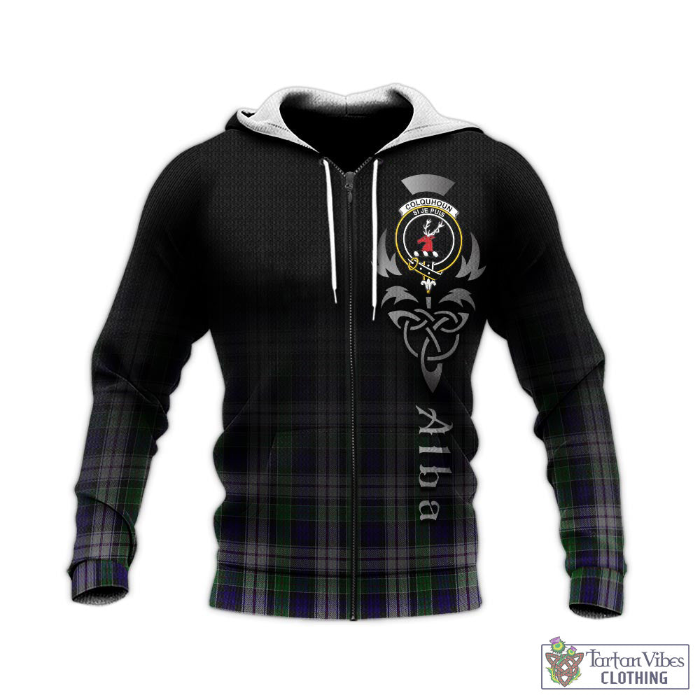 Tartan Vibes Clothing Colquhoun Dress Tartan Knitted Hoodie Featuring Alba Gu Brath Family Crest Celtic Inspired