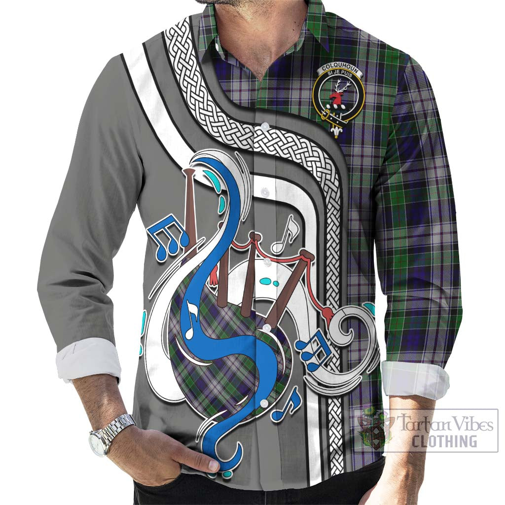 Tartan Vibes Clothing Colquhoun Dress Tartan Long Sleeve Button Shirt with Epic Bagpipe Style