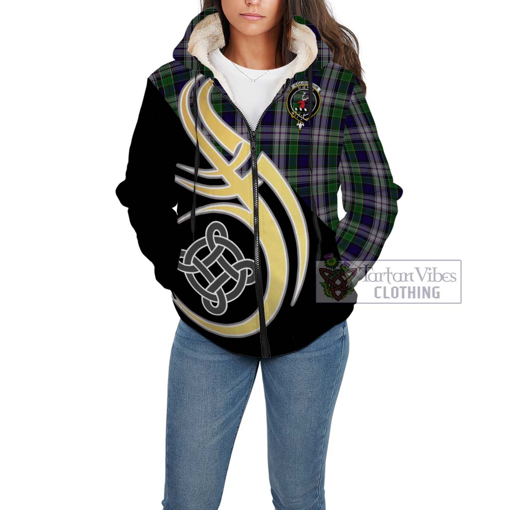 Colquhoun Dress Tartan Sherpa Hoodie with Family Crest and Celtic Symbol Style Unisex - Tartan Vibes Clothing