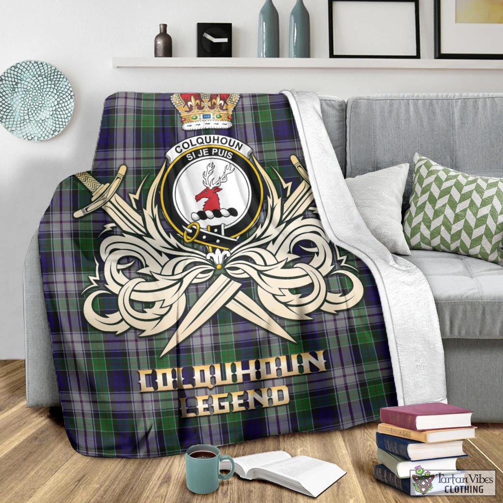 Tartan Vibes Clothing Colquhoun Dress Tartan Blanket with Clan Crest and the Golden Sword of Courageous Legacy