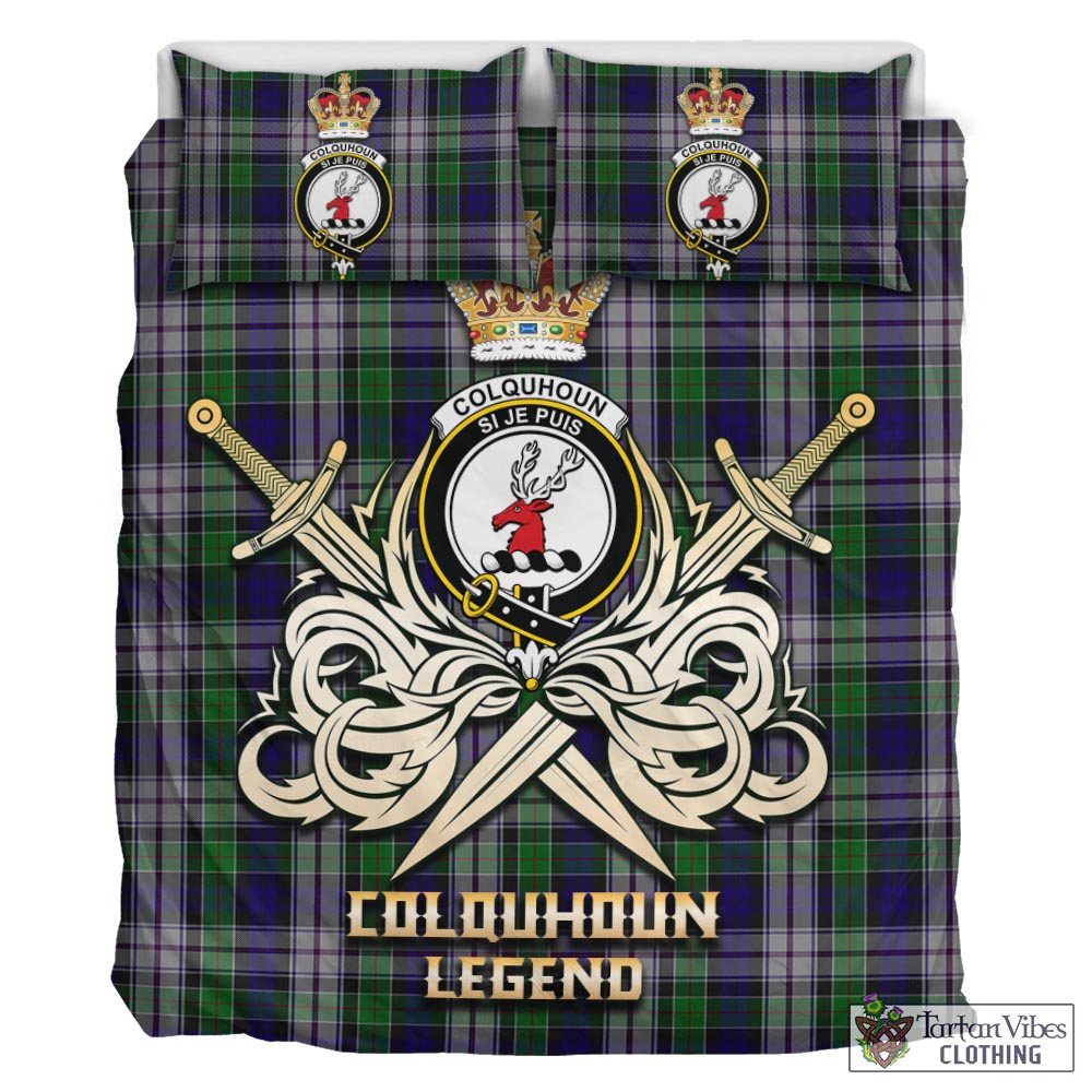 Tartan Vibes Clothing Colquhoun Dress Tartan Bedding Set with Clan Crest and the Golden Sword of Courageous Legacy