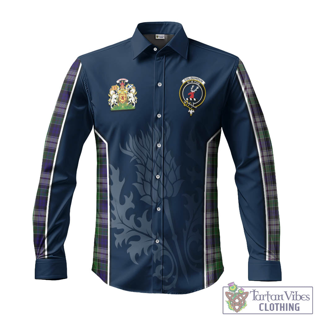 Tartan Vibes Clothing Colquhoun Dress Tartan Long Sleeve Button Up Shirt with Family Crest and Scottish Thistle Vibes Sport Style