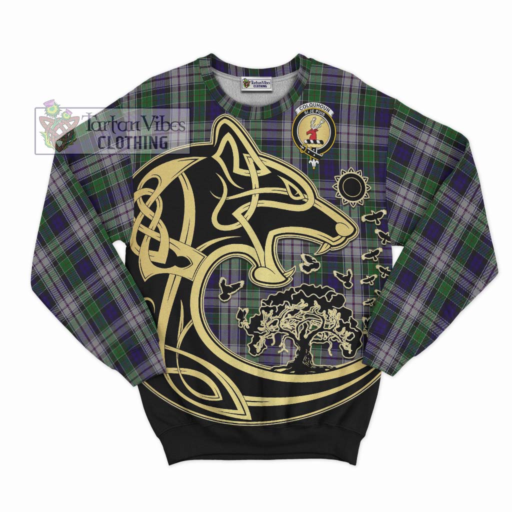 Tartan Vibes Clothing Colquhoun Dress Tartan Sweatshirt with Family Crest Celtic Wolf Style