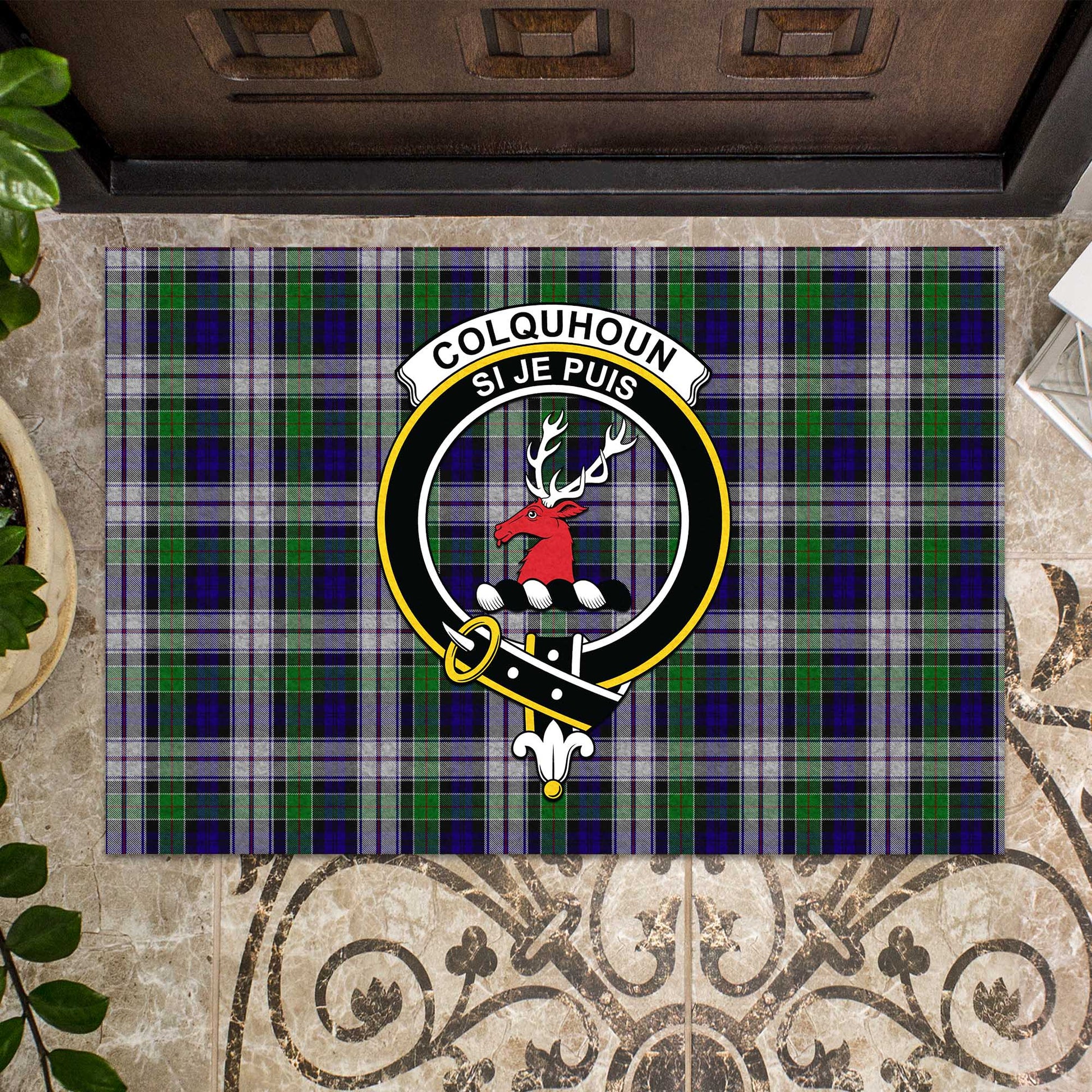 Colquhoun Dress Tartan Door Mat with Family Crest - Tartanvibesclothing