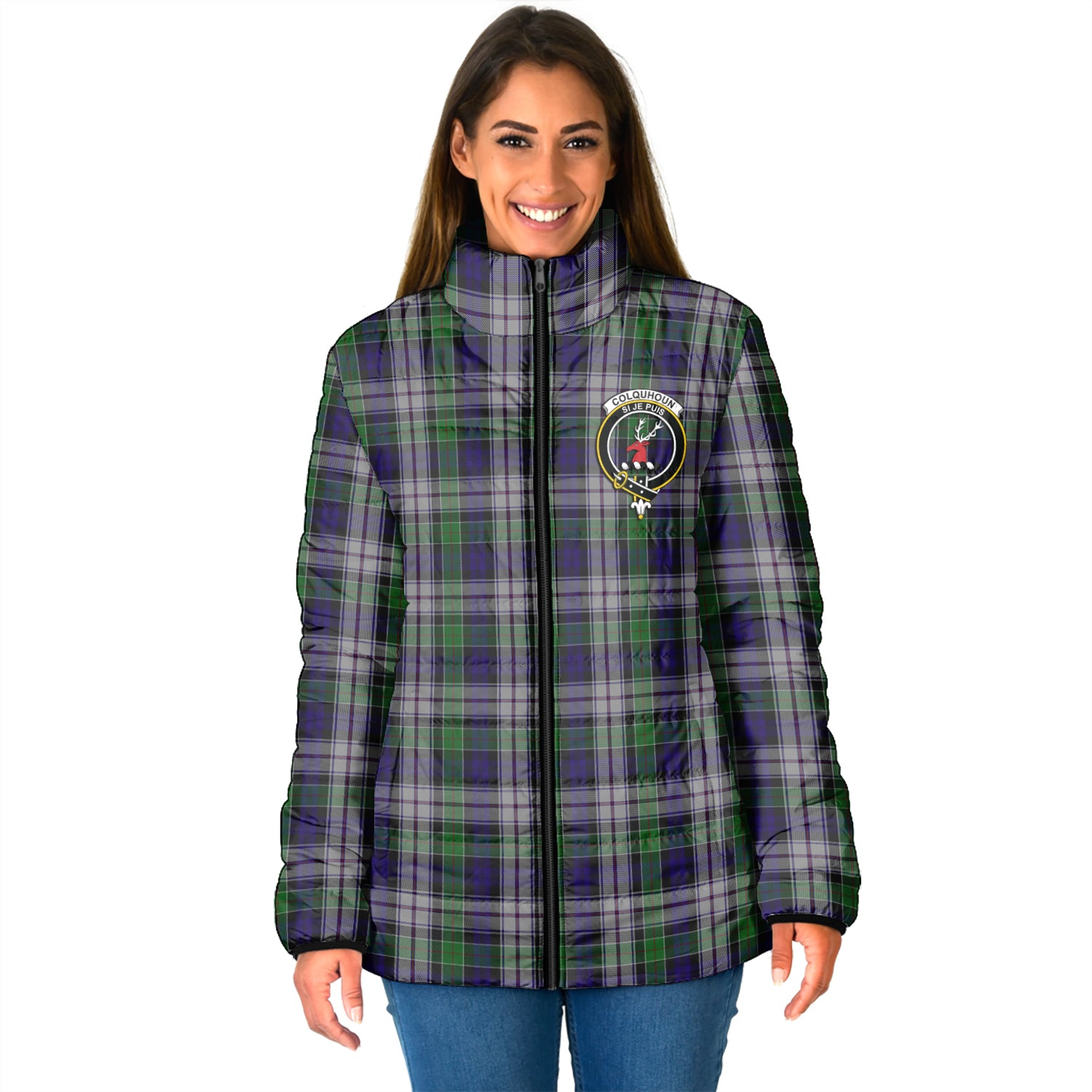 Colquhoun Dress Tartan Padded Jacket with Family Crest - Tartan Vibes Clothing