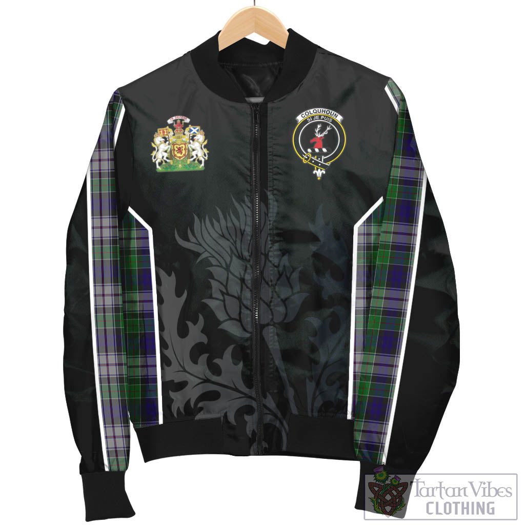 Tartan Vibes Clothing Colquhoun Dress Tartan Bomber Jacket with Family Crest and Scottish Thistle Vibes Sport Style