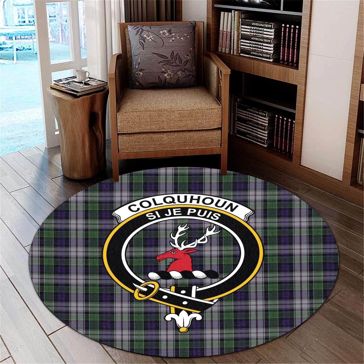 Colquhoun Dress Tartan Round Rug with Family Crest - Tartanvibesclothing