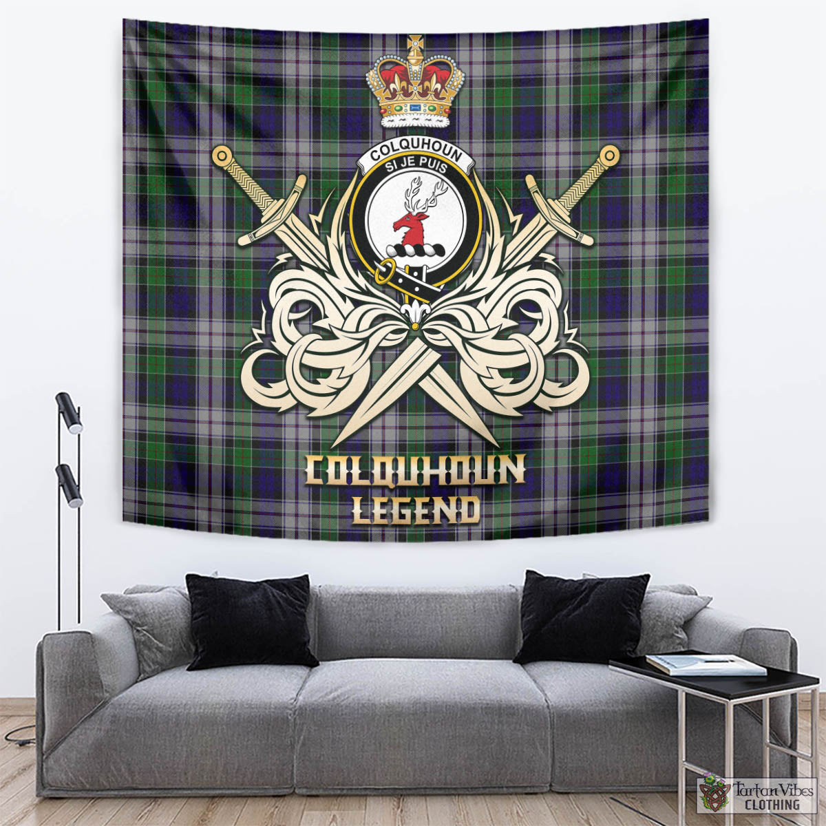 Tartan Vibes Clothing Colquhoun Dress Tartan Tapestry with Clan Crest and the Golden Sword of Courageous Legacy