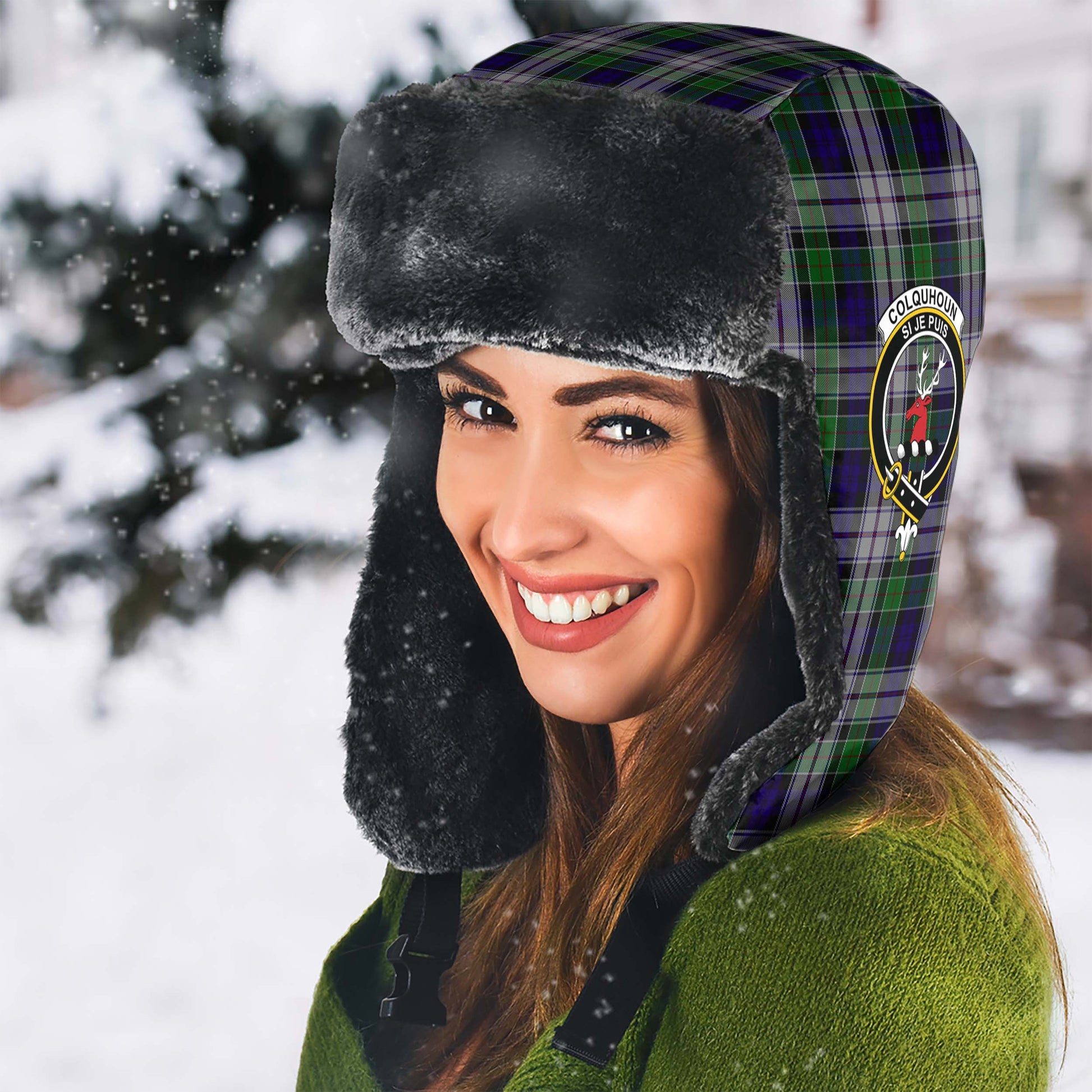 Colquhoun Dress Tartan Winter Trapper Hat with Family Crest - Tartanvibesclothing