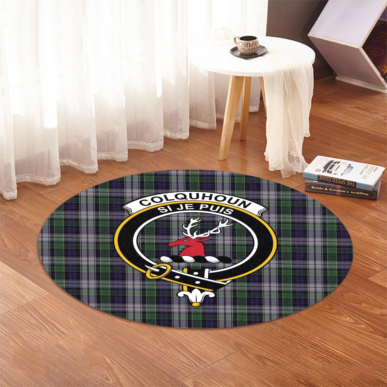 Colquhoun Dress Tartan Round Rug with Family Crest - Tartanvibesclothing