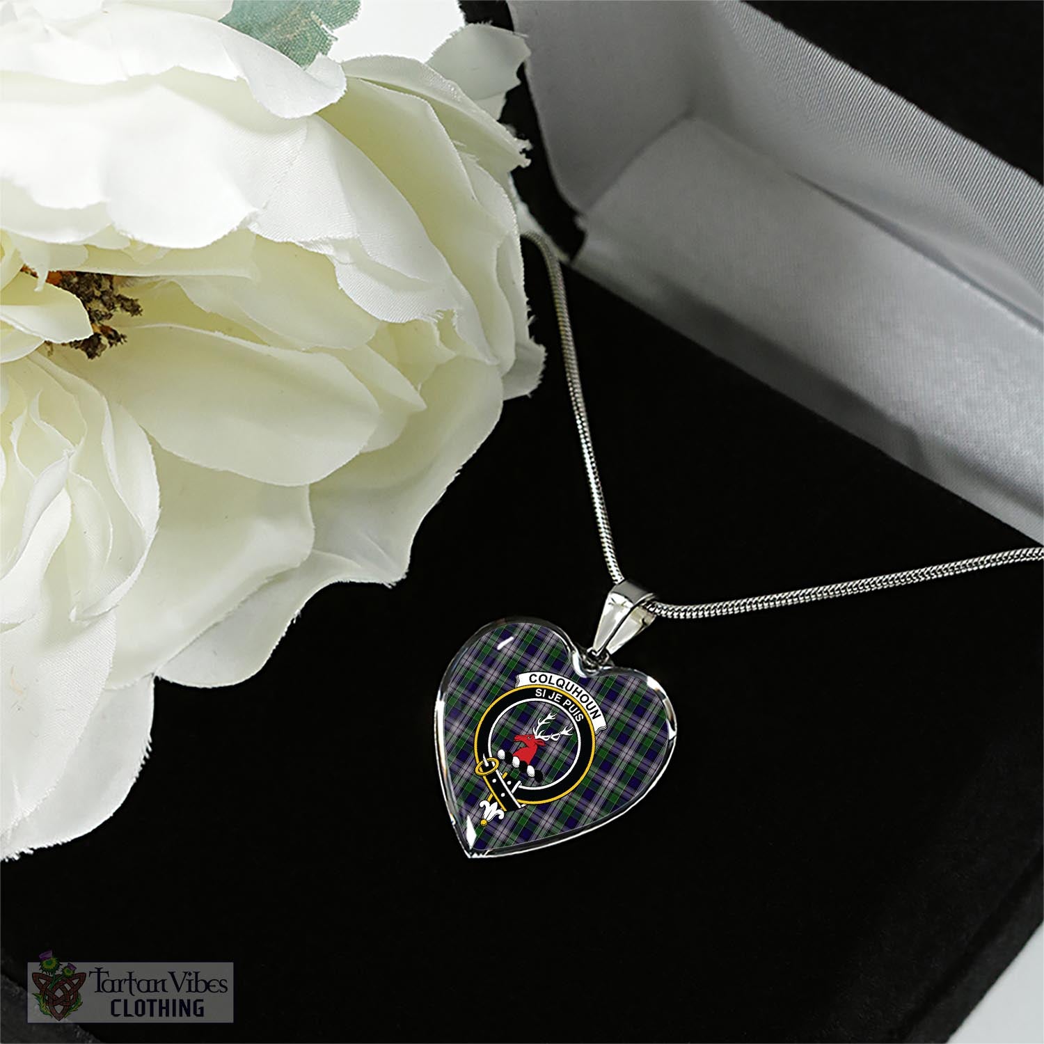 Tartan Vibes Clothing Colquhoun Dress Tartan Heart Necklace with Family Crest