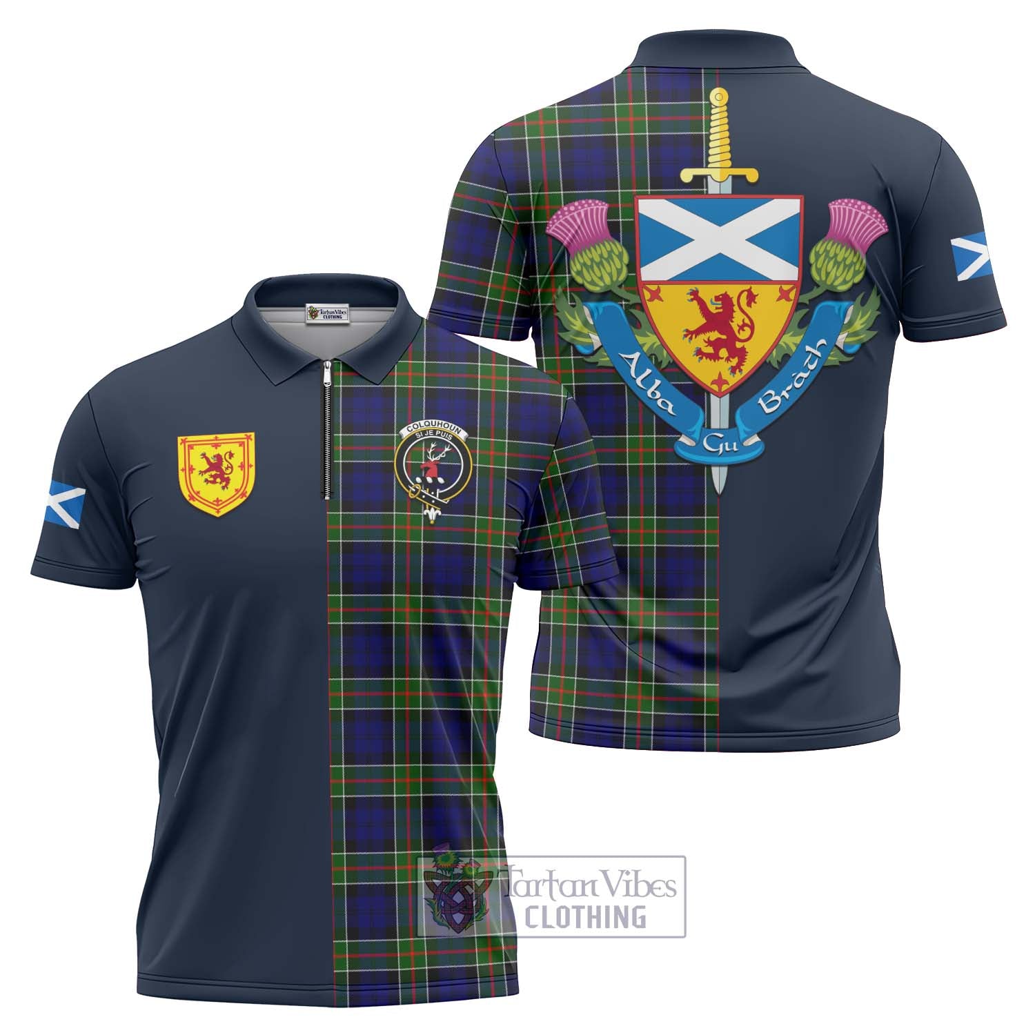 Tartan Vibes Clothing Colquhoun Modern Tartan Zipper Polo Shirt with Scottish Lion Royal Arm Half Style