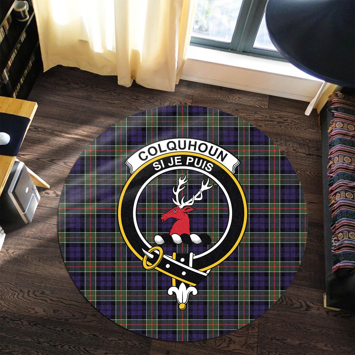 Colquhoun Modern Tartan Round Rug with Family Crest - Tartanvibesclothing