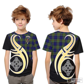 Colquhoun Tartan Kid T-Shirt with Family Crest and Celtic Symbol Style